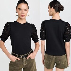 FRAME Sz XL Lace Sleeve Frankie Tee Puff Sleeve Blouse 100% Cotton Jersey Knit